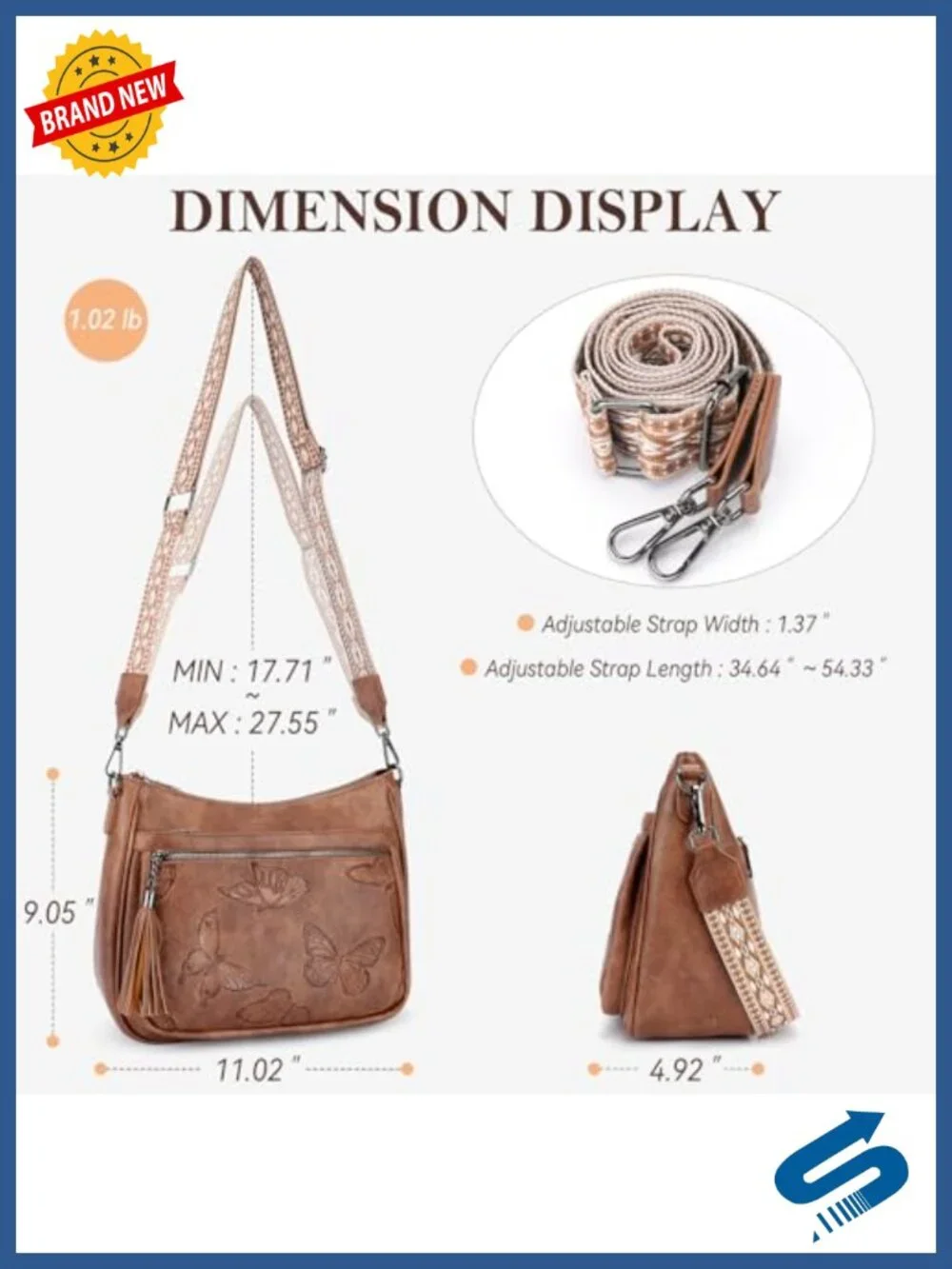Vegan Leather Hobo Crossbody Purse with Adjustable Strap Butterfly Embossed